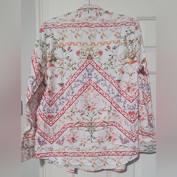 Other - Men's Floral Chevron Print Button-Down Shirt - White with Coral Accents